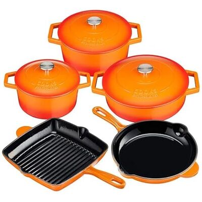 Cooks Professional 5 Piece Cast Iron Casserole Dishes, Frying Pan & Skillet Set Heavy-Duty Cookware Pans with Enamel Interior Oven Safe to 260°C, Induction & All Hob Compatible Orange Cooks Professional 5 Piece Cast Iron Casserole Dishes, Frying Pan & Skillet Set Heavy-Duty Cookware Pans with Enamel Interior Oven Safe to 260°C, Induction & All Hob Compatible Orange