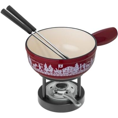Kuhn Rikon Cheese Fondue Set Alpine Meadow Mini Red Cast Iron 17cm, Fondue Set for 2, 1.3L Fondue Pot with Rechaud and 2 Forks Kuhn Rikon Cheese Fondue Set Alpine Meadow Mini Red Cast Iron 17cm, Fondue Set for 2, 1.3L Fondue Pot with Rechaud and 2 Forks