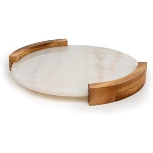 Bredemeijer Large Round Serving Tray Diameter 35 cm Marble Tray with 2 Side Wooden Handles Ideal for Serving Drinks and Snacks Bredemeijer Large Round Serving Tray Diameter 35 cm Marble Tray with 2 Side Wooden Handles Ideal for Serving Drinks and Snacks