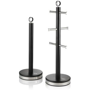 Swan Serenity Kitchen Towel Pole and 6 Cup Mug Tree Set with Smooth Matte Finish, Stainless Steel Accents and Non-Slip Bases, Black, 13.5 Swan Serenity Kitchen Towel Pole and 6 Cup Mug Tree Set with Smooth Matte Finish, Stainless Steel Accents and Non-Slip Bases, Black, 13.5