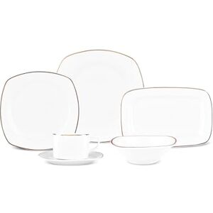 KARACA Padoca Plate and Bowl Set for Breakfast, Porcelain Plate Set with Teacups for 6 People, White Cereal Bowls & Serving Platter, Half Square Design with Gold Rim, 26 Piece KARACA Padoca Plate and Bowl Set for Breakfast, Porcelain Plate Set with Teacups for 6 People, White Cereal Bowls & Serving Platter, Half Square Design with Gold Rim, 26 Piece