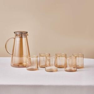 KARACA Serene Clear Tumbler Drinking Glasses Set of 7, Includes Carafe and Glass Set, Elegant Glass Cups for Home and Entertaining, Amber KARACA Serene Clear Tumbler Drinking Glasses Set of 7, Includes Carafe and Glass Set, Elegant Glass Cups for Home and Entertaining, Amber