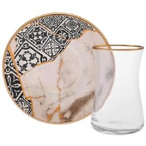 KARACA Aris 12-Piece Turkish Tea Glasses for 6 People, 150ml Glass Tea Cups with Multicolor Patterned Saucers, Gold Trim KARACA Aris 12-Piece Turkish Tea Glasses for 6 People, 150ml Glass Tea Cups with Multicolor Patterned Saucers, Gold Trim
