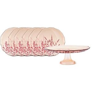 KARACA Dessert Plates and Cake Stand Set for 6 People Stylish Large Side Plates for Afternoon Tea Party Glass, Round & Red Lavender Pattern Ideal for Serving Appetizer or Salad (7 Pieces) KARACA Dessert Plates and Cake Stand Set for 6 People Stylish Large Side Plates for Afternoon Tea Party Glass, Round & Red Lavender Pattern Ideal for Serving Appetizer or Salad (7 Pieces)
