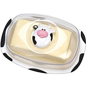Joie Moo Moo Cow Butter Dish – 1 lb Large Capacity Plastic Butter Holder with Clear Lid, Cute Farmhouse Kitchen Storage Container, White & Black Joie Moo Moo Cow Butter Dish – 1 lb Large Capacity Plastic Butter Holder with Clear Lid, Cute Farmhouse Kitchen Storage Container, White & Black