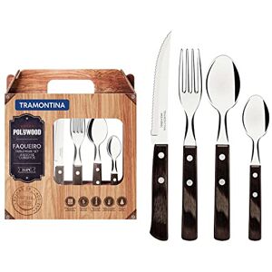 Tramontina Cutlery Set with Steak Knives, 24 Piece Sharp Knife, Forks, Teaspoons, Tablespoons with Wooden Handles, Camping, Kitchen, Rustic, Dishwasher Safe, 21199905 Tramontina Cutlery Set with Steak Knives, 24 Piece Sharp Knife, Forks, Teaspoons, Tablespoons with Wooden Handles, Camping, Kitchen, Rustic, Dishwasher Safe, 21199905