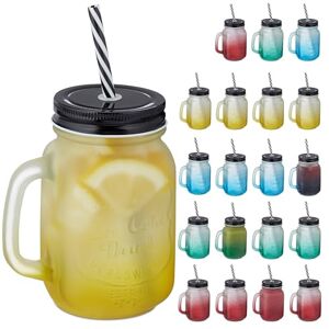 Relaxdays Jars, with Lid & Straw, Set of 20, 400 ml, Frosted Look, Drinking Glass with Handle, Colourful/Black, 14 x 11 x 8 cm Relaxdays Jars, with Lid & Straw, Set of 20, 400 ml, Frosted Look, Drinking Glass with Handle, Colourful/Black, 14 x 11 x 8 cm