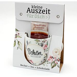 Dekohelden24 Gift Set – Small Break Coffee Mug Made of Porcelain + Tea + Chocolate Motif: Schön, DASS ES Dich gibt/Blumen – Size H/Ø: 9.8 x 8.2 cm, Capacity 250 ml, Dishwasher Safe, White-Pink, 9,8 cm Dekohelden24 Gift Set – Small Break Coffee Mug Made of Porcelain + Tea + Chocolate Motif: Schön, DASS ES Dich gibt/Blumen – Size H/Ø: 9.8 x 8.2 cm, Capacity 250 ml, Dishwasher Safe, White-Pink, 9,8 cm