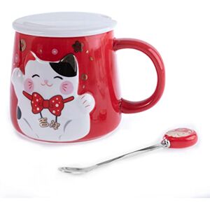 Chineuse Embossed Mug - Maneki Neko Cat Decoration - Red Tint - With Spoon - Japanese Gift Chineuse Embossed Mug - Maneki Neko Cat Decoration - Red Tint - With Spoon - Japanese Gift