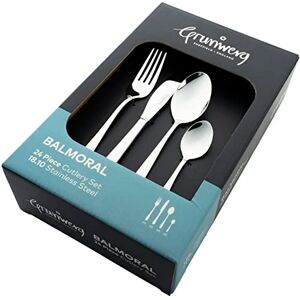 Grunwerg Balmoral 24 Piece Boxed Mirror Cutlery Set, 18/10 Stainless Steel, 6 x Table Knives, Table Forks, Dessert Spoons, Teaspoons, Silver Grunwerg Balmoral 24 Piece Boxed Mirror Cutlery Set, 18/10 Stainless Steel, 6 x Table Knives, Table Forks, Dessert Spoons, Teaspoons, Silver