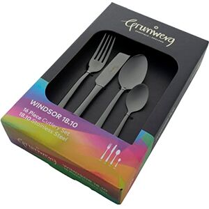Grunwerg Windsor 16 Piece Cutlery Set, Black, 18/10 Stainless Steel, PVD Coating, 4 x Table Knives, Table Forks, Dessert Spoons, Teaspoons Grunwerg Windsor 16 Piece Cutlery Set, Black, 18/10 Stainless Steel, PVD Coating, 4 x Table Knives, Table Forks, Dessert Spoons, Teaspoons