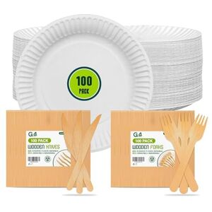 G4GADGET 300Pcs Paper Plates (9 Inch) and Cutlery Set, Party Tableware Including 100 Plates, 100 Wooden Knives, 100 Wooden Forks Perfect for Birthdays, Weddings, BBQs G4GADGET 300Pcs Paper Plates (9 Inch) and Cutlery Set, Party Tableware Including 100 Plates, 100 Wooden Knives, 100 Wooden Forks Perfect for Birthdays, Weddings, BBQs