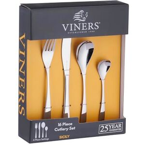 Viners Sicily 16 Piece Cutlery Set Stainless Steel Flatware, Mirror Finish, Dishwasher Safe & Rust Resistant, Everyday Dining & Entertaining, British Heritage Brand Viners Sicily 16 Piece Cutlery Set Stainless Steel Flatware, Mirror Finish, Dishwasher Safe & Rust Resistant, Everyday Dining & Entertaining, British Heritage Brand