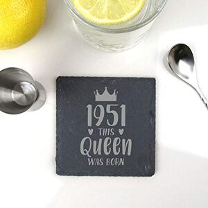 eBuyGB Drinks Mat, Placemat Engraved Square Coaster-1951 This Queen was Born Design-70th Women, Her-Seventieth Birthday Gift for Mum, Slate eBuyGB Drinks Mat, Placemat Engraved Square Coaster-1951 This Queen was Born Design-70th Women, Her-Seventieth Birthday Gift for Mum, Slate