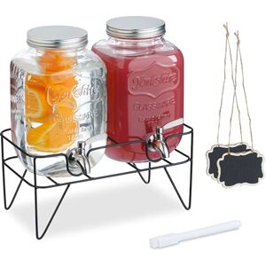 Relaxdays Set of 2 Drink Dispensers, 4L Beverage Container, Party Accessory, Tap, Lid and Stand, Glass, Transparent, Steel, 58 x 66 x 38 cm Relaxdays Set of 2 Drink Dispensers, 4L Beverage Container, Party Accessory, Tap, Lid and Stand, Glass, Transparent, Steel, 58 x 66 x 38 cm