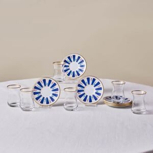 KARACA Bursa Turkish Tea Set for 6 People 12 Piece Glass Tea Cups and Saucers with Gold Rim and Blue Patterned Base, 132ml Traditional Tea Glasses KARACA Bursa Turkish Tea Set for 6 People 12 Piece Glass Tea Cups and Saucers with Gold Rim and Blue Patterned Base, 132ml Traditional Tea Glasses