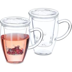 Relaxdays Tea Mug, Set of 2, with Infuser, Lid & Handle, 450 ml Capacity, Borosilicate Glass, Teacup, Transparent Relaxdays Tea Mug, Set of 2, with Infuser, Lid & Handle, 450 ml Capacity, Borosilicate Glass, Teacup, Transparent