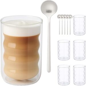 Relaxdays Latte Macchiato Glasses, Set of 6, with Spoons, Wavy Design, Double-Walled, 350 ml, Coffee Mugs, Transparent Relaxdays Latte Macchiato Glasses, Set of 6, with Spoons, Wavy Design, Double-Walled, 350 ml, Coffee Mugs, Transparent