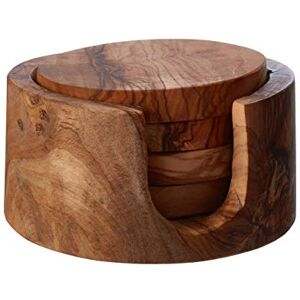Premier Kora Round Coasters, with Holder, Olive Wood, Set of 4 Premier Kora Round Coasters, with Holder, Olive Wood, Set of 4