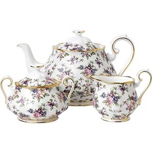 Royal Albert 100 Years 1940 English Chintz Teapot, Sugar, Cream, 3 Piece Set, White, Bone China Royal Albert 100 Years 1940 English Chintz Teapot, Sugar, Cream, 3 Piece Set, White, Bone China