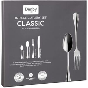 Denby Classic Cutlery Set 16 Piece 18/10 Stainless Steel Flatware Traditional Design with Mirror Finish Dishwasher Safe Tableware Knife, Fork & Spoon Set Everyday Dining Set Denby Classic Cutlery Set 16 Piece 18/10 Stainless Steel Flatware Traditional Design with Mirror Finish Dishwasher Safe Tableware Knife, Fork & Spoon Set Everyday Dining Set