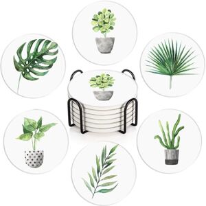 Britimes Set of 6 Coasters for Drinks Absorbent Green Leaves with Cork Base, Metal Holder, Round Stone Drink Mat for Coffee Wood Table, Gift for Birthday, Farmhouse Housewarming Room Bar Decor Britimes Set of 6 Coasters for Drinks Absorbent Green Leaves with Cork Base, Metal Holder, Round Stone Drink Mat for Coffee Wood Table, Gift for Birthday, Farmhouse Housewarming Room Bar Decor