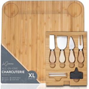 LaDonna Bamboo Charcuterie Board with Drawer & Cheese Knife Set Serving Tray for Parties, Light Brown LaDonna Bamboo Charcuterie Board with Drawer & Cheese Knife Set Serving Tray for Parties, Light Brown
