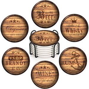 Britimes Set of 6 Coaster for Drinks Absorbent with Cork Base, Metal Holder, Round Wooden Stone Drink Mat for Coffee Wood Table, Gift for Birthday, Farmhouse Housewarming Room Bar Decor Retro 2 Britimes Set of 6 Coaster for Drinks Absorbent with Cork Base, Metal Holder, Round Wooden Stone Drink Mat for Coffee Wood Table, Gift for Birthday, Farmhouse Housewarming Room Bar Decor Retro 2