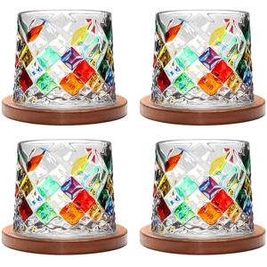 Uten Rotatable Old Fashioned Crystal Whiskey Glass Set of 4, 275ml/10oz With Wood Coaster Thickened for Rum, Cocktails, Coffee, Milk Relax and Reduce Stress Uten Rotatable Old Fashioned Crystal Whiskey Glass Set of 4, 275ml/10oz With Wood Coaster Thickened for Rum, Cocktails, Coffee, Milk Relax and Reduce Stress