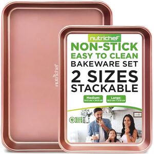 Nutrichef Non-Stick Cookie Tray Set- 2-Piece, Easy Clean, Stackable Cookie Sheets, Dishwasher Safe, Oven Safe, PFOA Free, Non-Toxic Bakeware, Perfect for Baking & Roasting- Rose Gold Nutrichef Non-Stick Cookie Tray Set- 2-Piece, Easy Clean, Stackable Cookie Sheets, Dishwasher Safe, Oven Safe, PFOA Free, Non-Toxic Bakeware, Perfect for Baking & Roasting- Rose Gold