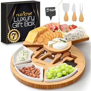 Nutrichef Bamboo Cheese Board & Knife Set, Charcuterie Boards, Swiveling Serving Board, Cheeseboard Gift Set, Grazing Board Platter, Extra Large Round Plate w/ 3 Ceramic Bowls, Chalk & Slate Labels Nutrichef Bamboo Cheese Board & Knife Set, Charcuterie Boards, Swiveling Serving Board, Cheeseboard Gift Set, Grazing Board Platter, Extra Large Round Plate w/ 3 Ceramic Bowls, Chalk & Slate Labels
