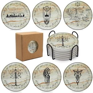 mivishhy Lord Rings Absorbent Coasters for Drinks,LOTR Coasters for Home Decor,6Pcs Lord Rings Stone and Cork Coaster Set with Holder for Coffee Table,TV Merchandise Gift for Women Men Fans mivishhy Lord Rings Absorbent Coasters for Drinks,LOTR Coasters for Home Decor,6Pcs Lord Rings Stone and Cork Coaster Set with Holder for Coffee Table,TV Merchandise Gift for Women Men Fans