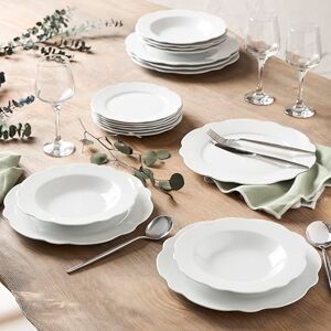 GENEVIEVE LETHU Geneviève Lethu 545865 Dinner Set for 6 People 18 Pieces White Porcelain Soup Plates Dessert Plates Scalloped Vienna Collection GENEVIEVE LETHU Geneviève Lethu 545865 Dinner Set for 6 People 18 Pieces White Porcelain Soup Plates Dessert Plates Scalloped Vienna Collection