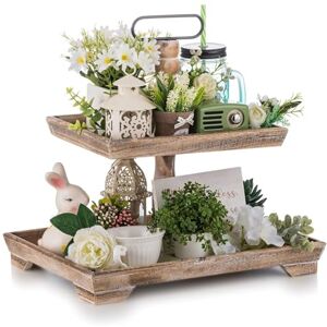 Hanobe Decorative Wooden Tiered Tray: Rustic Brown Wood 2 Tier Stand Farmhouse Tray Decor Two Rectangle for Kitchen Counter Centerpieces Coffee Bar Easter Spring Valentine's Day Hanobe Decorative Wooden Tiered Tray: Rustic Brown Wood 2 Tier Stand Farmhouse Tray Decor Two Rectangle for Kitchen Counter Centerpieces Coffee Bar Easter Spring Valentine's Day