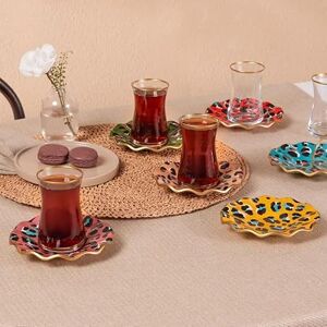 KARACA Leona 6 Person Tea Set 12 Piece Turkish Tea Cups and Saucers, Turkish Tea Glasses Set with Gold Decal Details 150ml KARACA Leona 6 Person Tea Set 12 Piece Turkish Tea Cups and Saucers, Turkish Tea Glasses Set with Gold Decal Details 150ml