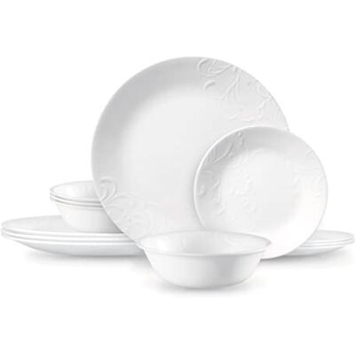 Corelle Madeline Embossed 12 Piece White Dinnerware Set Corelle Madeline Embossed 12 Piece White Dinnerware Set
