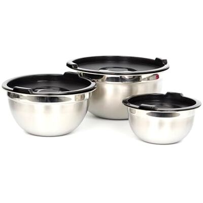 Birambeau , Set of 3 Stainless Steel Bowls with Lids, Stackable Serving Bowls, Silver and Black Birambeau , Set of 3 Stainless Steel Bowls with Lids, Stackable Serving Bowls, Silver and Black