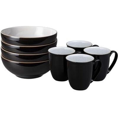 Denby Elements Coffee Mug & Cereal Bowl 8 Piece Set Black Glaze Dishwasher & Microwave Safe Stoneware 4 x 330ml Tea Cups & Cereal Bowls for Soup Ceramic, Chip Resistant for Everyday Use Denby Elements Coffee Mug & Cereal Bowl 8 Piece Set Black Glaze Dishwasher & Microwave Safe Stoneware 4 x 330ml Tea Cups & Cereal Bowls for Soup Ceramic, Chip Resistant for Everyday Use