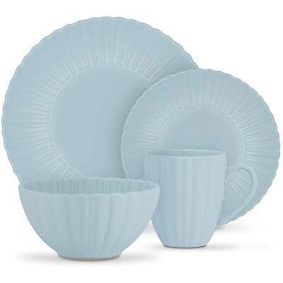 Swan 16 Piece Scallop Edge Stoneware Dinner Set, 4 x Dinner Plates, Side Plates, Bowls, Mugs, Durable, Microwave and Dishwasher Safe, Blue, SWKA1460BLU Swan 16 Piece Scallop Edge Stoneware Dinner Set, 4 x Dinner Plates, Side Plates, Bowls, Mugs, Durable, Microwave and Dishwasher Safe, Blue, SWKA1460BLU