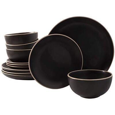 Gibson Rockaway Round Stoneware Dinnerware Sets, Service for 4 (12pcs), Black Gibson Rockaway Round Stoneware Dinnerware Sets, Service for 4 (12pcs), Black