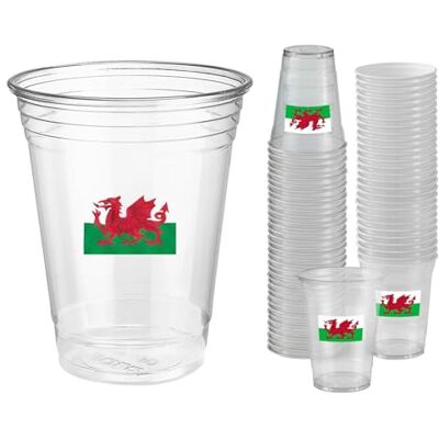 Komonee 50 x Wales Cymru Clear Cups 570ml (20oz) Wide Rimmed Disposable Plastic Pint Glasses for World Cup, Football, Euros, Rugby, Welsh Parties & Adult Novelty Komonee 50 x Wales Cymru Clear Cups 570ml (20oz) Wide Rimmed Disposable Plastic Pint Glasses for World Cup, Football, Euros, Rugby, Welsh Parties & Adult Novelty