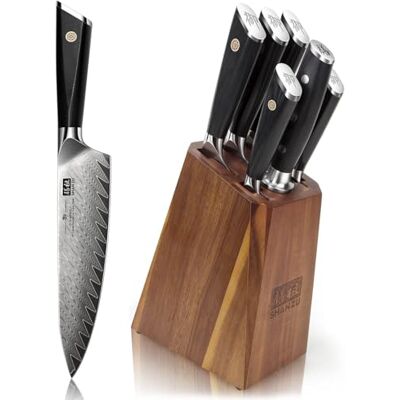 Shan Damascus Kitchen Knives Set, 7-Piece Japanese Knife Sets with Block 67 Layers 10Cr15Mov Damascus Steel Ultra Sharp Chef Knife Block Set with G10 Handle Shan Damascus Kitchen Knives Set, 7-Piece Japanese Knife Sets with Block 67 Layers 10Cr15Mov Damascus Steel Ultra Sharp Chef Knife Block Set with G10 Handle