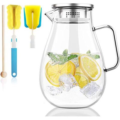 Honneeo Glass Pitcher 2.0 Liter Fridge Jug 68 Ounces Carafes 304 Stanless Still Lid with Filter Hot Cold Iced Water Wine Coffee Milk Tea Juice Beverage Bottle with Stir Stick and Brush (2000ml) Honneeo Glass Pitcher 2.0 Liter Fridge Jug 68 Ounces Carafes 304 Stanless Still Lid with Filter Hot Cold Iced Water Wine Coffee Milk Tea Juice Beverage Bottle with Stir Stick and Brush (2000ml)