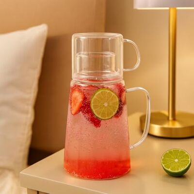Eden & Willow Borosilicate Glass Water Jug and Cup Set with Lid 1.2L Pitcher with Handle Glass Carafe for Fridge, & Bedroom Suitable for Serving Hot & Cold Beverages Eden & Willow Borosilicate Glass Water Jug and Cup Set with Lid 1.2L Pitcher with Handle Glass Carafe for Fridge, & Bedroom Suitable for Serving Hot & Cold Beverages