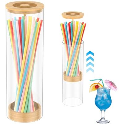 QINGLANG Acrylic Straw Dispenser with Bamboo Lid 25cm Clear Straw Holder Container Dustproof Storage Organiser for Drinking Straws, Coffee Stirrers, Pencils & Makeup Brushes, Home Kitchen Bar QINGLANG Acrylic Straw Dispenser with Bamboo Lid 25cm Clear Straw Holder Container Dustproof Storage Organiser for Drinking Straws, Coffee Stirrers, Pencils & Makeup Brushes, Home Kitchen Bar