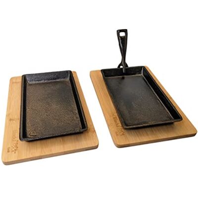 Black Rock Grill Cast Iron Sizzler Plate & Fajita Skillet Set of 2 Restaurant-style cast iron sizzler plates with wooden serving boards. Ideal for steak, fajitas, burgers & sizzling dishes. Black Rock Grill Cast Iron Sizzler Plate & Fajita Skillet Set of 2 Restaurant-style cast iron sizzler plates with wooden serving boards. Ideal for steak, fajitas, burgers & sizzling dishes.