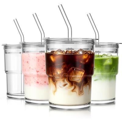 SoulTimes 380ml Glass Tumbler with Lid and Glass Straw Set of 4 – Thick-Walled Iced Coffee Cup, Reusable Clear Glass Cups for Water, Iced Tea, Coffee, Juice, Perfect for On-the-Go & Daily Use SoulTimes 380ml Glass Tumbler with Lid and Glass Straw Set of 4 – Thick-Walled Iced Coffee Cup, Reusable Clear Glass Cups for Water, Iced Tea, Coffee, Juice, Perfect for On-the-Go & Daily Use