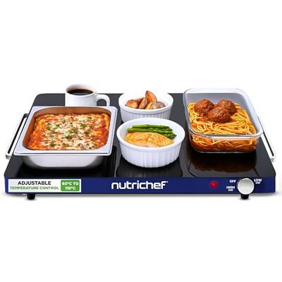 Nutrichef Electric Warming Tray – Adjustable Temperature Food Warmer Hot Plate for Buffets & Parties, Glass Surface, 59 x 44 cm with Control Knob and Stay-Cool Handles, Blue Nutrichef Electric Warming Tray – Adjustable Temperature Food Warmer Hot Plate for Buffets & Parties, Glass Surface, 59 x 44 cm with Control Knob and Stay-Cool Handles, Blue