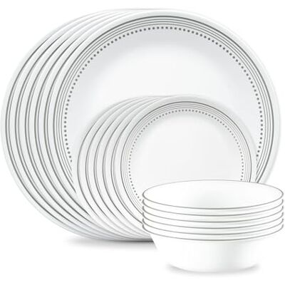 Corelle 18-Piece Dinner Set, Mystic Grey, Service for 6, Chip Resistant Dinnerware, Includes 26cm Dinner Plates, 17cm Salad/Side Plates and 530ml Soup/Cereal Bowls Corelle 18-Piece Dinner Set, Mystic Grey, Service for 6, Chip Resistant Dinnerware, Includes 26cm Dinner Plates, 17cm Salad/Side Plates and 530ml Soup/Cereal Bowls