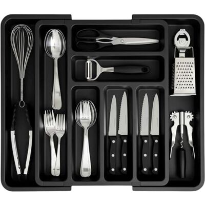 edihome , Cutlery Drawer Organiser, Cutlery Tray, Extendable, with 6 to 8 Compartments, BPA Free, for Kitchen Utensils, Adjustable (Black) edihome , Cutlery Drawer Organiser, Cutlery Tray, Extendable, with 6 to 8 Compartments, BPA Free, for Kitchen Utensils, Adjustable (Black)
